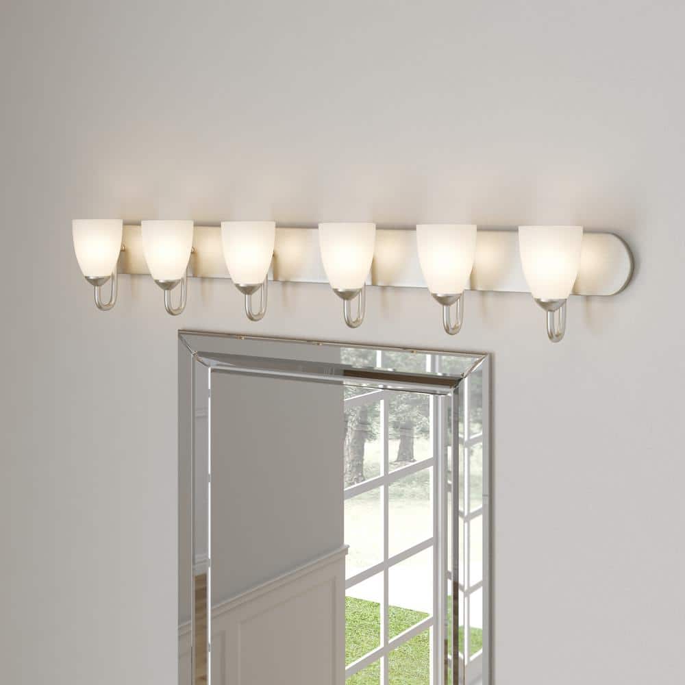 Gather Collection 48" Brushed Nickel 6-Light Bath Vanity with Etched Glass Shades