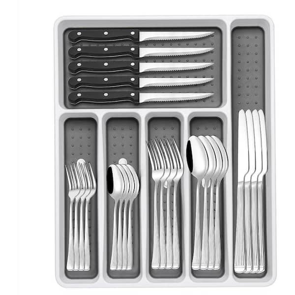 49-Piece Column Silver Stainless Steel Kitchen Flatware Cutlery Set with Organizer (Service for 8)
