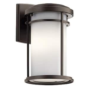 Toman 10.25 in. 1-Light Olde Bronze Outdoor Light Integrated LED Wall Sconce with Satin Etched Glass (1-Pack)