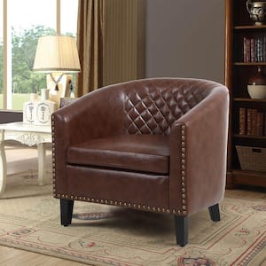 Modern Brown PU Leather Upholstery Accent Chair Barrel Chair Club Chair with Wood Legs and Nailheads (Set of 1)