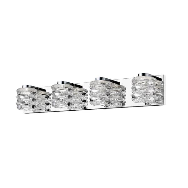 Unbranded Dawson 28.35 in. 4-Light Chrome Integrated LED Shaded Vanity Light with Crystal Glass Shade