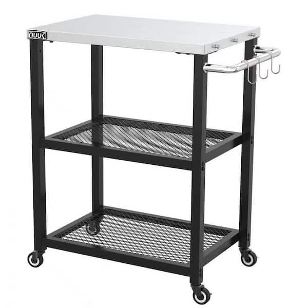 24 in. Pizza Oven Grill Cart, Stainless Steel Prep Table with Wheels, 3-Tier BBQ Cart for Patio