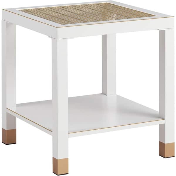 Metal Pratical Square 2-Tier Outdoor Side Table with Shelf in White and Gold