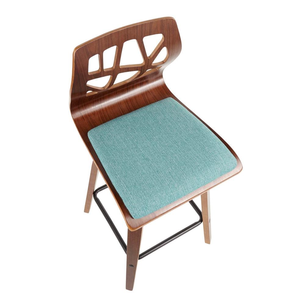 Walnut Wood Teal Fabric Mid Century Modern Swivel Counter Stool