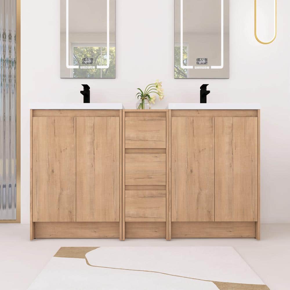 60 in. Double Freestanding Imitative Oak Bath Vanity Combo with White Resin Top Unassembled price history on PriceWatchPro