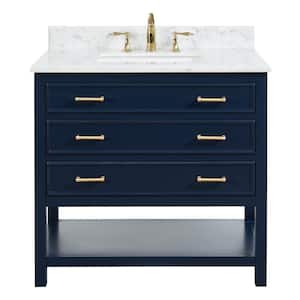 Uptown 36 in.W x 22 in.D x34.75 in.H Bath Vanity in Navy Blue with Carrara Marble Vanity Top in White with White Basin