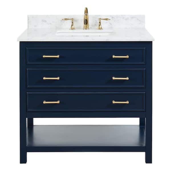 TILE & TOP Uptown 36 in.W x 22 in.D x34.75 in.H Bath Vanity in Navy Blue with Carrara Marble Vanity Top in White with White Basin