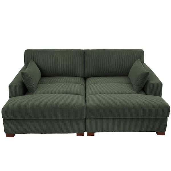 Uixe 83.9 in. Modern Square Arm Corduroy Fabric Upholstered Sectional Sofa in. Green With Two Pillows And Wood Leg