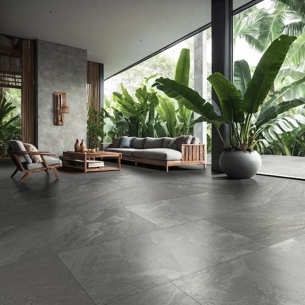 Yardan Graphite Matte Porcelain Stone Look Rectangle Tile 24 in. x 48 in., Floor and Wall (15.28 sq. ft./Case)