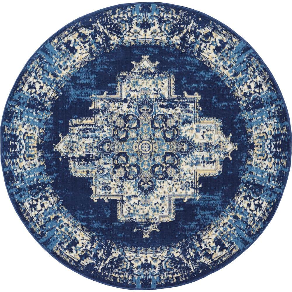 Navy Blue Round Medallion Synthetic Traditional Rug