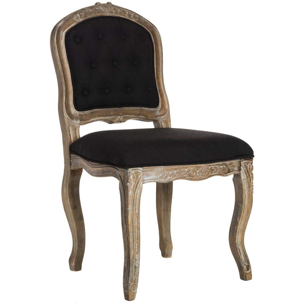 Elegant Black Linen & Rustic Oak French Leg Dining Chair, Set of 2