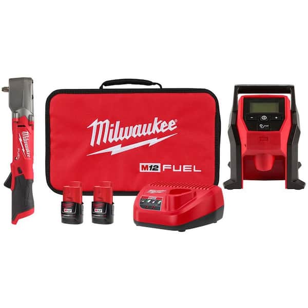 M12 FUEL 12V Lithium-Ion Brushless Cordless 3/8 in. Right Angle Impact Wrench Kit with Two 2.0 Ah Batteries & Inflator