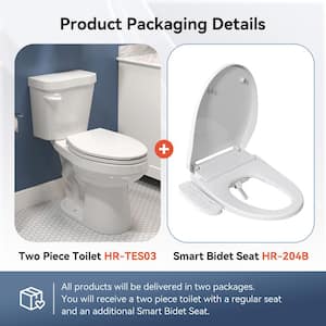 17 in. ADA 2-Piece High-Efficiency 1.28 GPF Single Flush Elongated Toilet in White with Smart Bidet Seat Map Flush 1000g