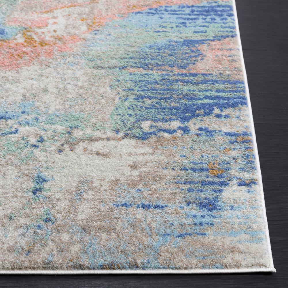 Beige Blue/Pink Distressed Synthetic Runner Rug, 2'2" x 9'