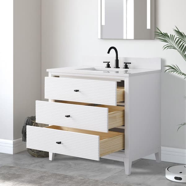 36 in. W x 22 in. D Single Sink Freestanding White Bath Vanity Cabinet with White Engineered Marble Top