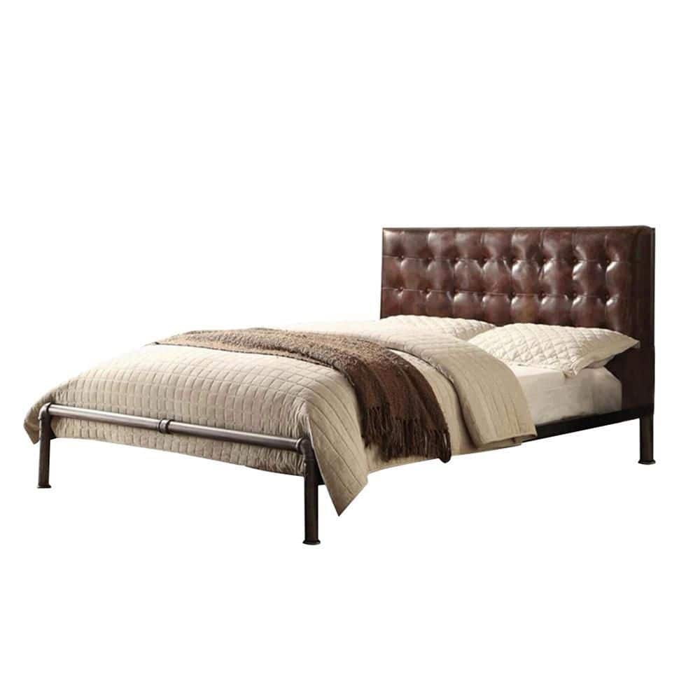 Vintage Brown Top Grain Leather Queen Bed with Tufted Headboard