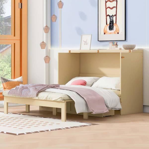 Polibi Golden Wood Frame Queen Murphy Bed with Drawer and a set of Sockets and USB Ports