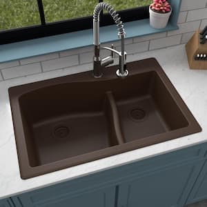 Drop-In Quartz Composite 33 in. 1-Hole 60/40 Double Bowl Kitchen Sink in Brown