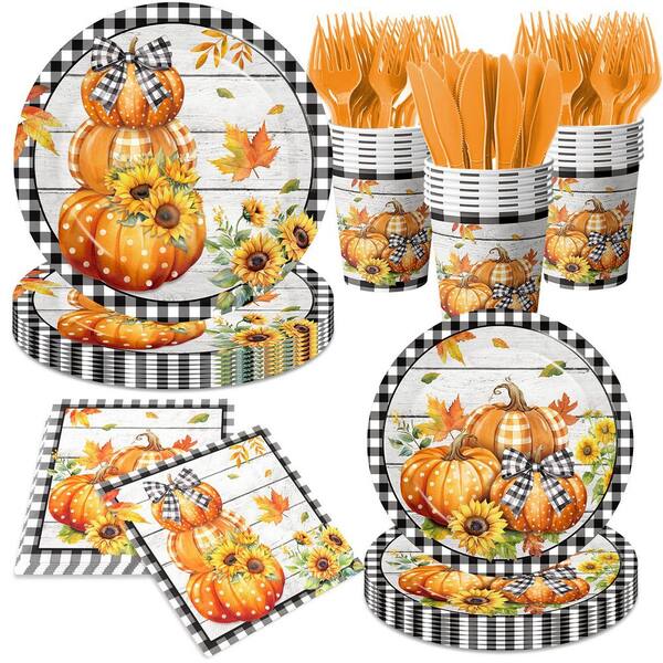 144-Piece Fall Thanksgiving Tableware Set with Plates and Napkins, Buffalo Plaid Pumpkin Theme for 24 Guests