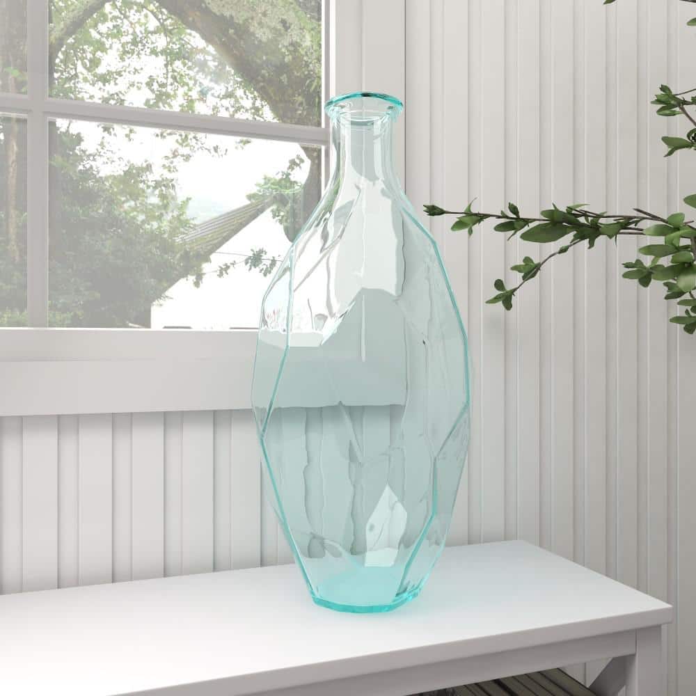 Clear Aquamarine Geometric Recycled Glass Decorative Vase, 23"