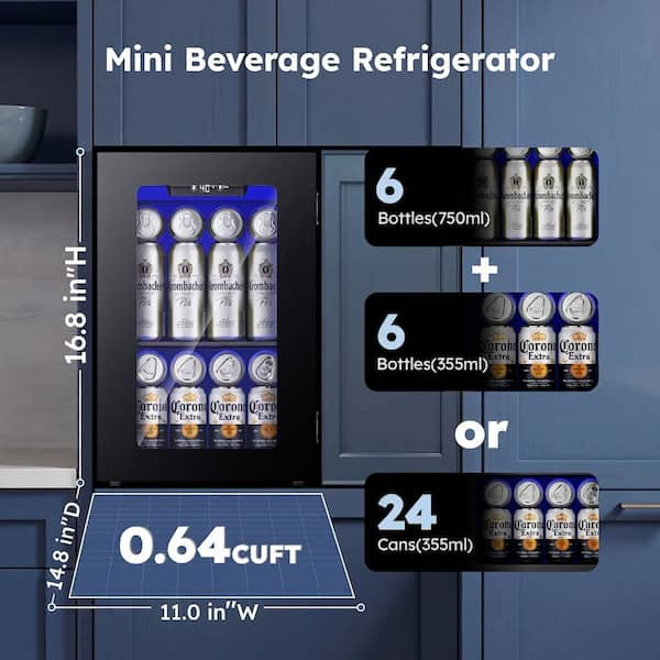 15 in. Single Zone 6-Wine Bottles and 24-Cans Beverage and Wine Cooler in Black with UV protection