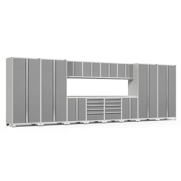 NewAge Products Pro Series 14-Piece 18-Gauge Stainless Steel Garage Storage System in Platinum (256 in. W x 85 in. H x 24 in. D)