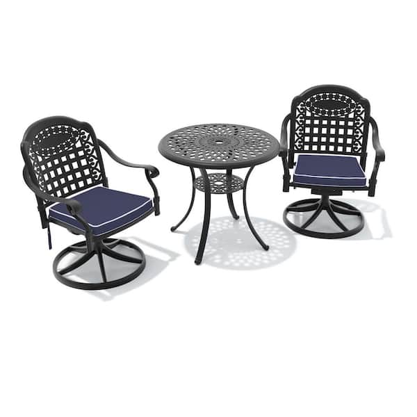 3-Piece Black Cast Aluminum Patio Outdoor Dining Set with Round Table and 2 Swivel Chairs with Blue Cushions