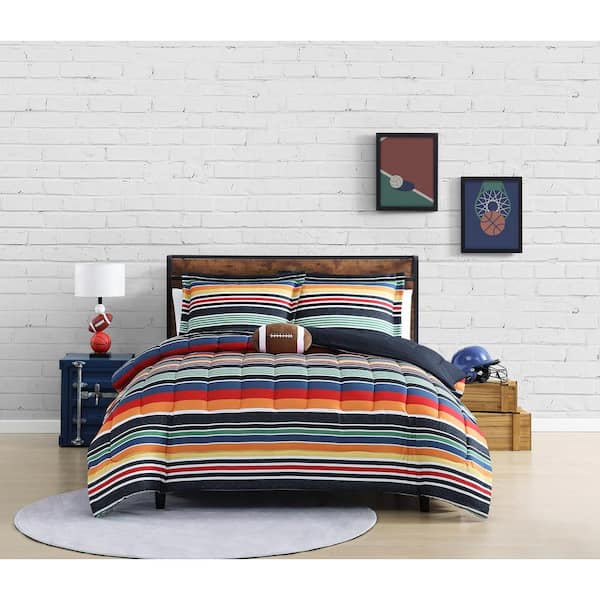 Sportset Stripe Black Multi 4-Piece Soft Microfiber Comforter Set - Full