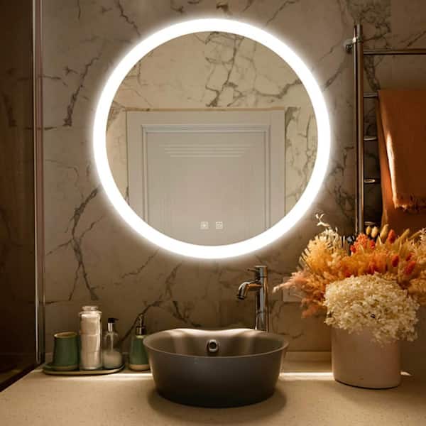 24 in. W x 24 in. H Round Wall Mounted Dimmable Frameless Bathroom Vanity Mirror Energy Saving Waterproof, Anti-Fog