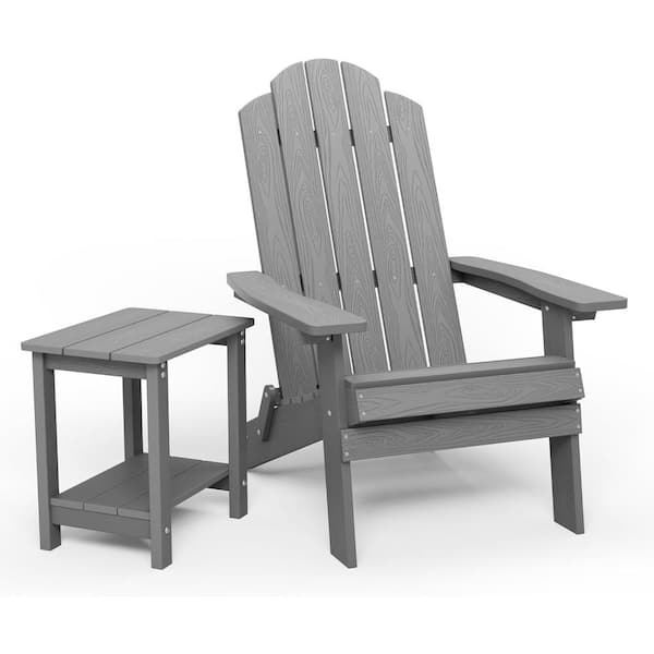 Mximu Grey Plastic Outdoor Folding Adirondack Chair with Double Layer Square Side Table