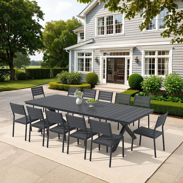 Black 13-Piece 118 in. Aluminum Wood-Like Rectangular Patio Outdoor Dining Set with Stackable Chairs and Umbrella Hole