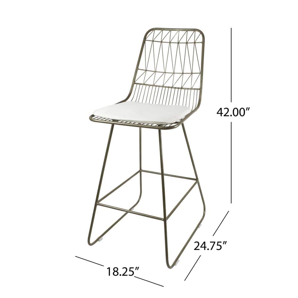 Set of 2 Light Brass Iron Counter Stools with Ivory Cushions