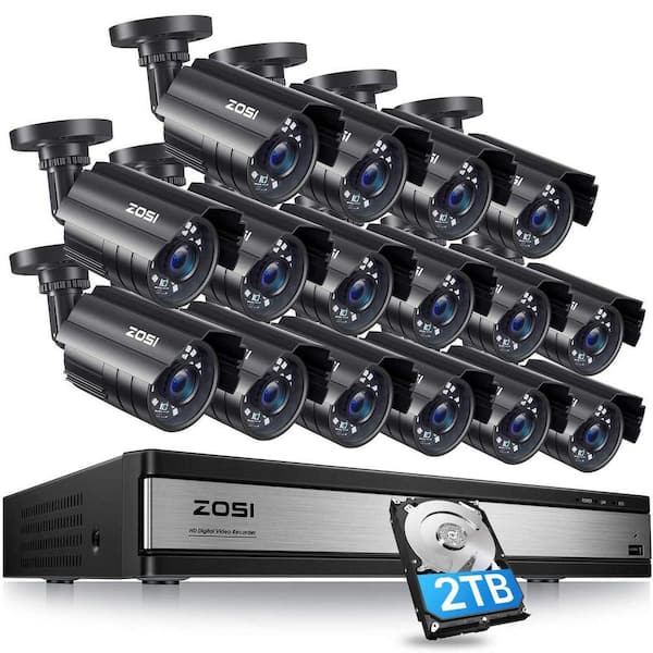 16-Channel 2MP 4TB DVR Security Camera System with 16 1080P Outdoor Wired Bullet Cameras, Black