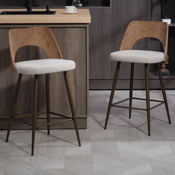 Bethan Beige Washed Boucle Fabric Counter Stool with White Washed Wood Back and Black Iron Legs (Set of 2)