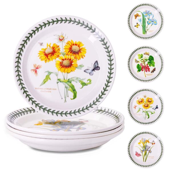 Set of 4 Ceramic Salad Plates 8.5 Inch Diameter Porcelain Stoneware Featuring Vintage Floral Side Designs