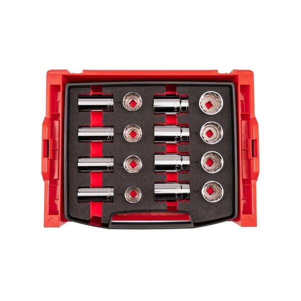 1/2 Inch Drive Shallow and Deep 12-Point Socket Set with Open Top Drawer and Rack, 16-Piece (1-1/16-1-1/2 in. )