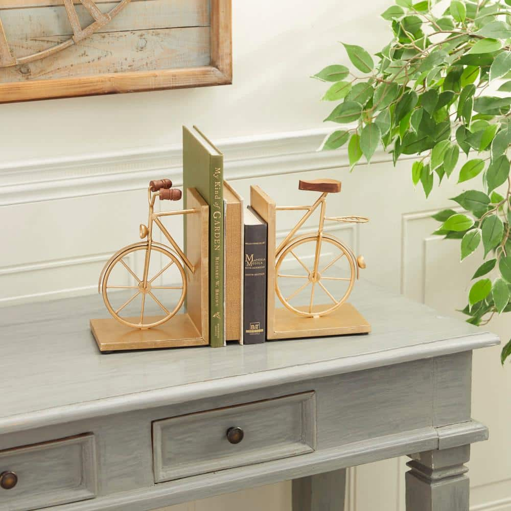 Litton Lane Gold Metal Bike Bookends with Wood Accents (Set of 2)