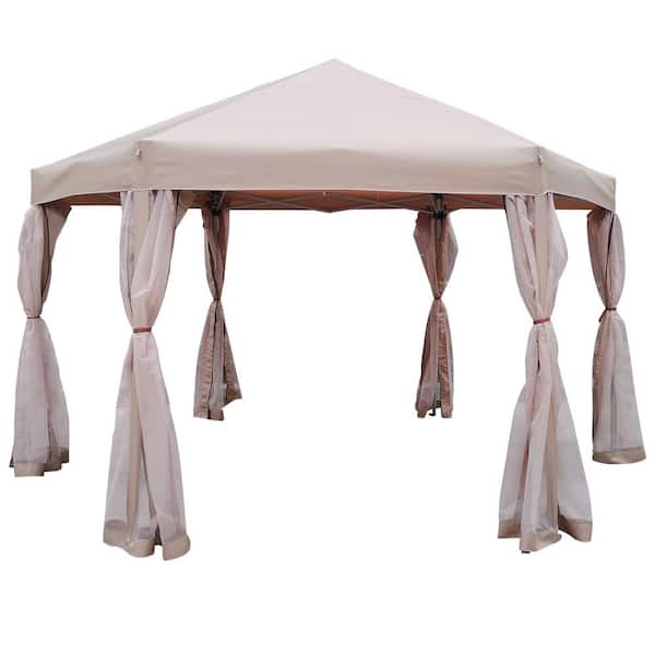 Tenleaf 13 ft. x 13 ft. Brown Pop-Up Outdoor Canopy Hexagonal Gazebo with Strong Steel Frame, Storage Bag