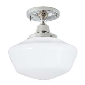 Schoolhouse 10 in. 1-Light Polished Nickel Flush Mount With Opal Glass