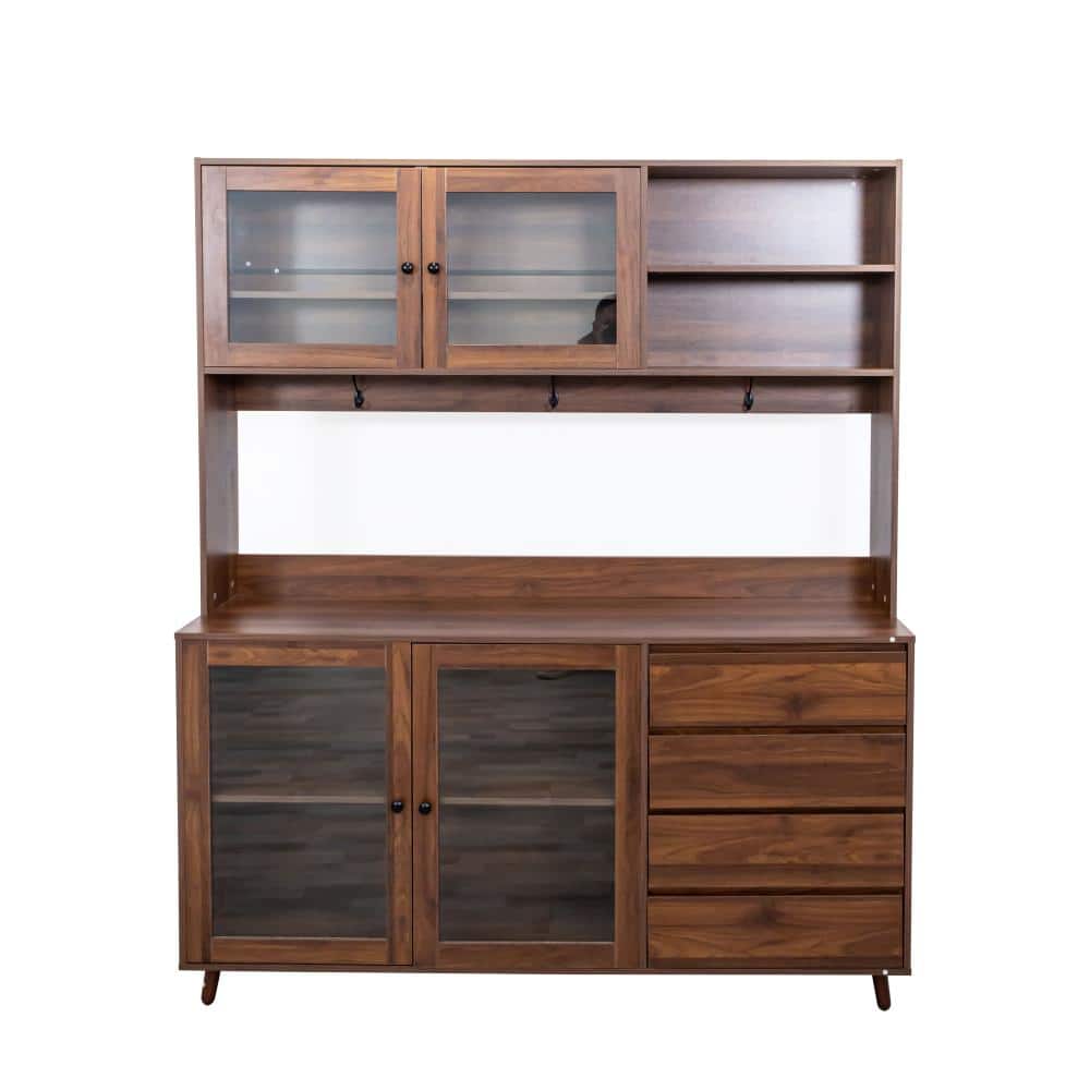 62.99 in. W x 15.08 in. D x 74.8 in. H Walnut Linen Cabinet with 4 Doors, 4 Drawers & Microwave Shelf