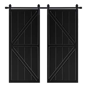 Modern K-Frame Designed 56 in. x 80 in. MDF Panel Black Painted Double Sliding Barn Door with Hardware Kit