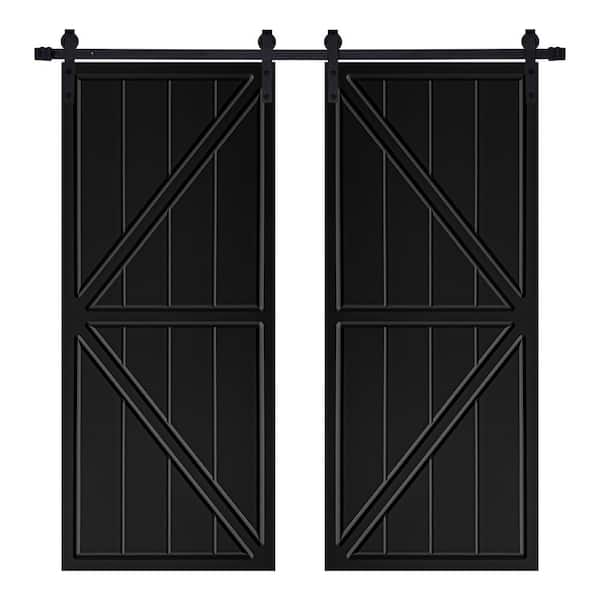 AIOPOP HOME Modern KFRAME Designed 84 in. x 80 in. MDF Panel Black Painted Double Sliding Barn Door with Hardware Kit