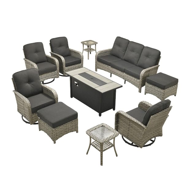 Vinceny Gray 10-Piece Wicker Patio 54"Rectangle Fire Pit Conversation Set with Black Cushions and Swivel Chairs