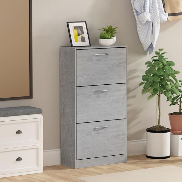 FUFU&GAGA 22.4 in. W x 42.1 in. H 24-Pair Gray Wood 3-Drawer Shoe Storage Cabinet with Foldable Compartments