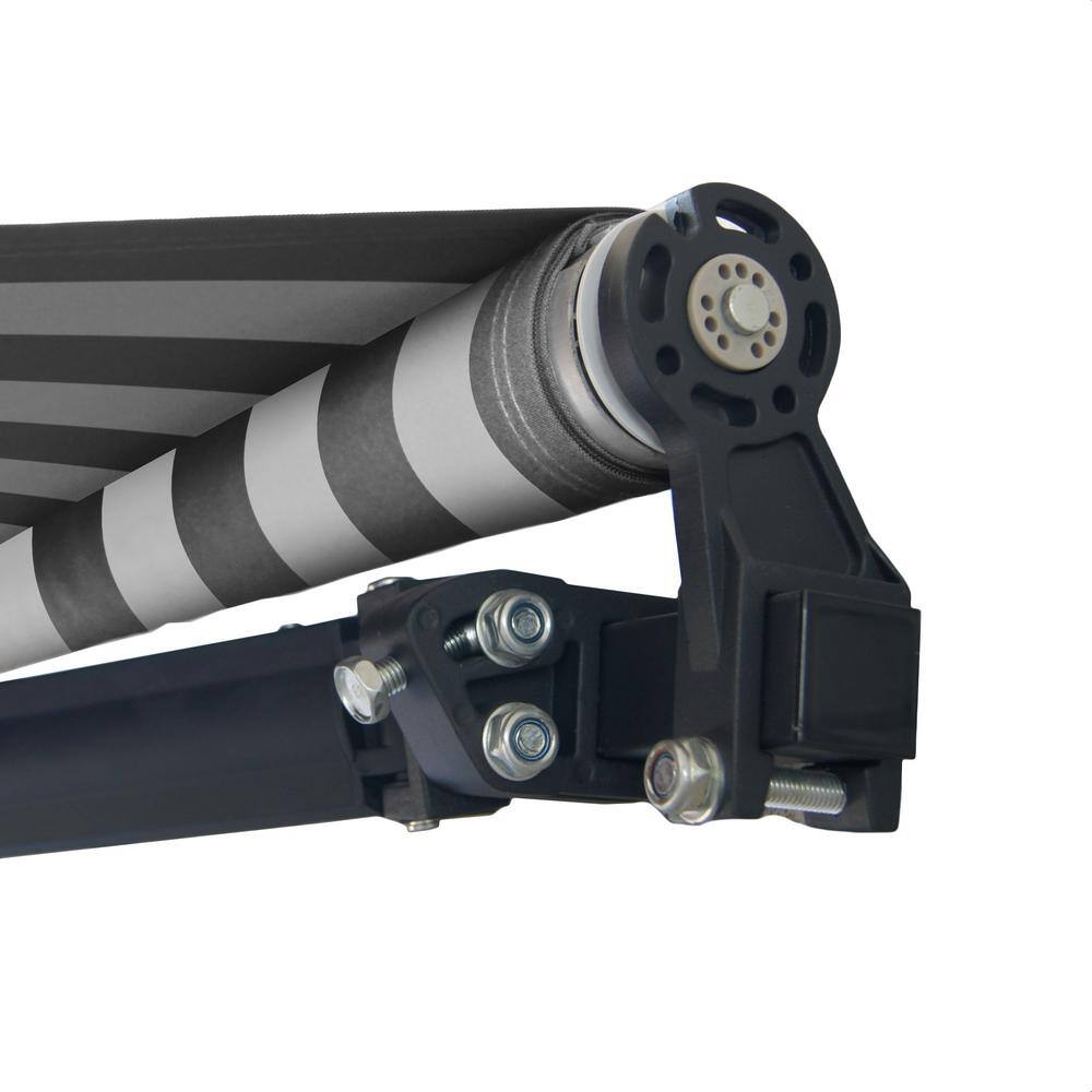 Gray and White Striped Motorized Retractable Patio Awning with Black Frame
