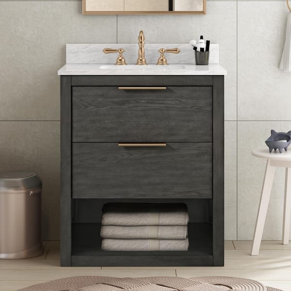 Kortine 30 in. Single Sink Black Oak Bath Vanity with White Natural Carrara Top (Assembled)