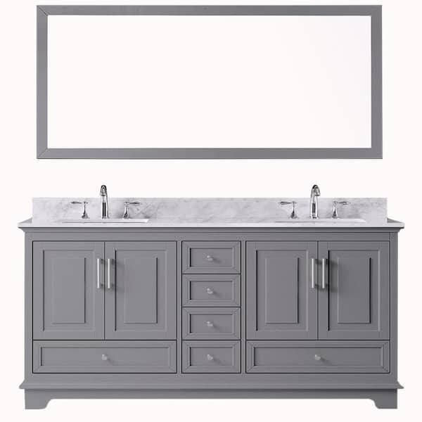 Exclusive Heritage McAuley 72 in. W x 22 in. D x 34-5/8 in. H Double Sink Bath Vanity in Taupe Grey with White Marble Top and Mirror