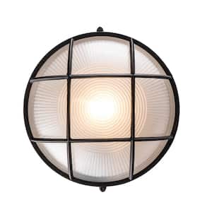 Aria 10 in. 1-Light Rust Round Bulkhead Outdoor Wall Light Fixture with Frosted Glass