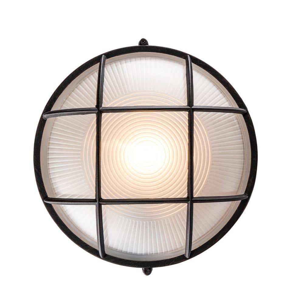 Aria 10 in. 1-Light Rust Round Bulkhead Outdoor Wall Light Fixture with Frosted Glass price history on PriceWatchPro