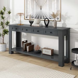 63 in. Tan Rectangle Wood Console Table with Storage Drawers and Bottom Shelf for Entryway HallwayTan